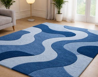 Blue Abstract Area Rug, Modern Wave Rug, Contemporary Living Room Carpet, Navy Blue Rug, Geometric Floor Mat, Bedroom Decor Rug