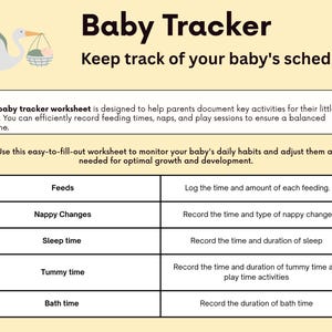 May include: A baby tracker worksheet with a stork illustration carrying a baby in a basket. The worksheet includes sections for tracking feeds, nappy changes, sleep time, tummy time, and bath time. Text reads "Baby Tracker" and "Keep track of your baby's schedule."