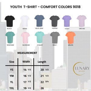 May include: A color chart for Youth T-Shirt Comfort Colors 9018 featuring eleven shirts in black, white, blue jean, pepper, violet, orchid, seafoam, blossom, chalky, gray, and melon. A measurement table lists widths and lengths in inches for sizes YS to YXL.
