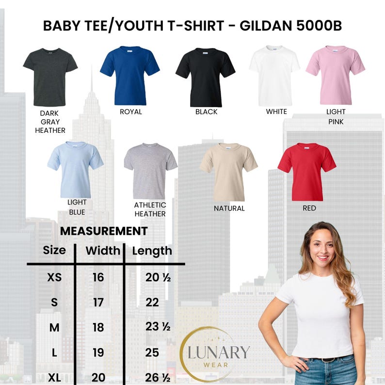May include: A variety of baby and youth t-shirts in different colors, including dark gray, royal blue, black, white, and light pink. The image also shows size measurements in inches and the brand name "Gildan 5000B".