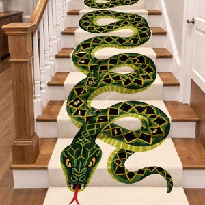 Peut inclure: Un tapis de couloir en forme de serpent vert et noir. Le tapis présente un motif détaillé avec une tête de serpent en bas et un long corps sinueux qui s'étend sur les escaliers. Le serpent a des yeux jaunes et une langue rouge.