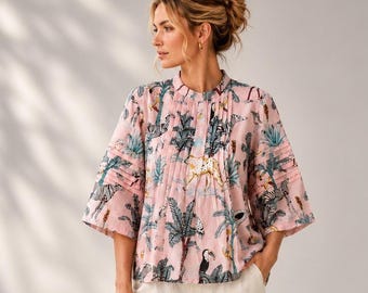 Hand Block Print Cotton Safari Blouse | Pink Boho Artisan Summer Top