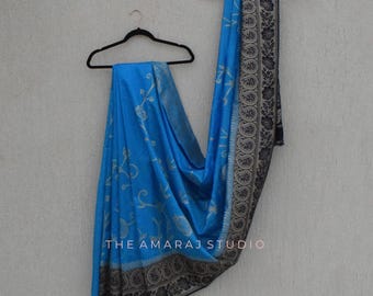 Blue Silk Saree with Silver Floral Zari Border | Traditional Party Wear Ethnic Saree