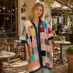 May include: A patchwork kimono-style jacket featuring a variety of colorful fabric squares in shades of pink, teal, red, yellow, and blue, with a solid dark teal trim along the open front and sleeves, creating a multi-patterned garment.