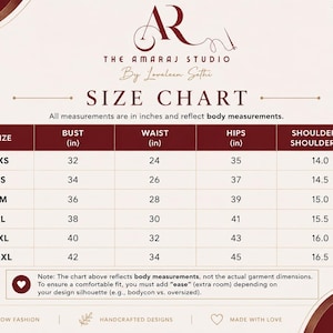 May include: A size chart from The Amaraj Studio by Loveleen Sethi featuring a table with body measurements in inches for sizes XS to XXL, including bust, waist, hips, and shoulder to shoulder. The chart notes that measurements are in inches.