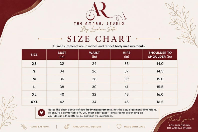 May include: A size chart from The Amaraj Studio by Loveleen Sethi featuring a table with body measurements in inches for sizes XS to XXL, including bust, waist, hips, and shoulder to shoulder. The chart notes that measurements are in inches.