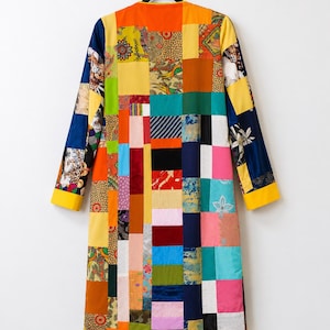 Handcrafted Patchwork Long Jacket | Artisan Mixed Fabric Open Front Coat image 5