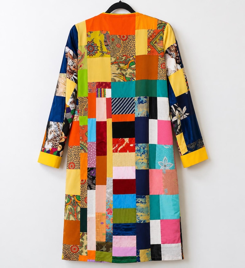 Handcrafted Patchwork Long Jacket | Artisan Mixed Fabric Open Front Coat image 5