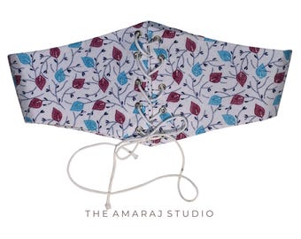 Women's Floral Leaf Print Corset Waist Belt – Blue & Burgundy Lace-Up Wide Fabric Waist Cincher for Dresses, Blouses  Cottage core Outfits