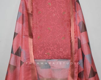 Tussar Silk Pakistani Salwar Suit Set with Intricate Floral Thread Embroidery | Geometric Print Dupatta