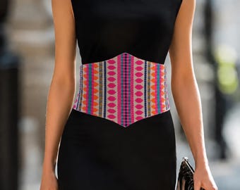 Women's Boho Tribal Corset Waist Belt – Pink Woven Lace-Up Wide Fabric Waist Cincher for Dresses, Kaftans & Cottagecore Outfits