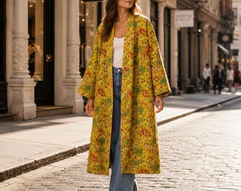 Yellow Hand Block Print Cotton Robe, Handmade Kantha Stitch
