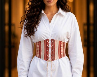 Women's Handmade Vintage Stripe Corset Belt – Adjustable Lace-Up Wide Waist Cincher, Cottage core Obi Wrap Belt