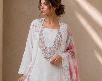 Cotton Unstitched Salwar Suit Set with Heavy  Embroidery & Floral Printed Dupatta for Women