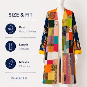 May include: A long-sleeved patchwork duster coat featuring a variety of colorful fabric squares and patterns. Text on the left reads SIZE & FIT, Bust Up to 42 Inches, Length 41 Inches, Sleeves 23 Inches, and Relaxed Fit.