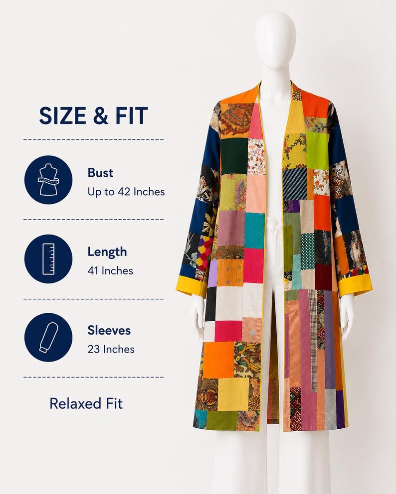May include: A long-sleeved patchwork duster coat featuring a variety of colorful fabric squares and patterns. Text on the left reads SIZE & FIT, Bust Up to 42 Inches, Length 41 Inches, Sleeves 23 Inches, and Relaxed Fit.