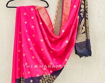 Silk Saree with Gold Floral Zari Border | Traditional Party Wear Ethnic Saree
