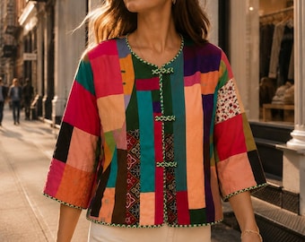 Handmade Patchwork Cropped Jacket | Colorful Boho Artisan Statement Piece
