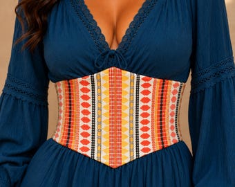 Boho Tribal Waist Cincher Belt – Red & Yellow Woven Lace-Up Corset Belt for Dresses, Kaftans or Vintage Outfits