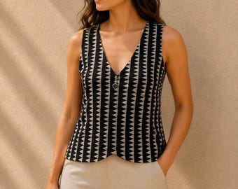 Handmade Silk Crop Top | Black Beige Geometric Print V-Neck Blouse