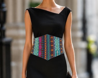 Women's Handmade Rainbow Stripe Corset Belt – Adjustable Lace-Up Wide Waist Cincher, Boho Obi Wrap Belt