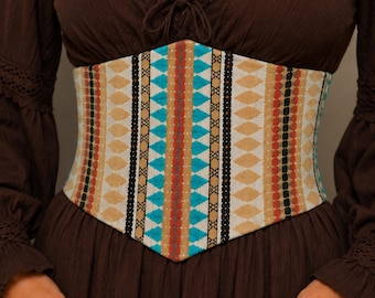 Women's Boho Tribal Corset Waist Belt – Beige Woven Lace-Up Back View Wide Fabric Waist Cincher for Dresses, Kaftans & Cottage core Outfits