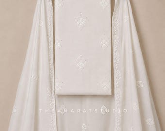 White Cotton Salwar Suit | White Floral Embroidery | Sequin Detailing | Embroidered Cotton Dupatta