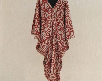 Women's Boho Abstract Print Kaftan Dress – Oversized Loose Cotton Tunic, Batwing Sleeve Lounge Dress, Casual Beach Cover Up
