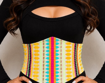 Women's Handmade Rainbow Corset Waist Belt – Tribal Woven Lace-Up Wide Waist Cincher for Dresses & Tunics