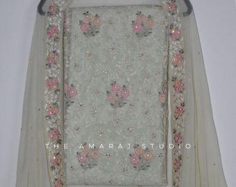 Indian Pakistani Unstitched Salwar Net Salwar Suit Set with Crepe Bottom & Pure Chiffon Embroidered Dupatta