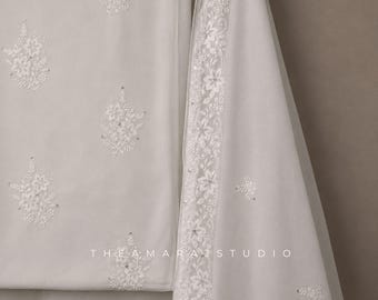 White Cotton Salwar Suit | White Floral Embroidery | Sequin Detailing | Embroidered Cotton Dupatta