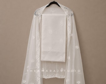 White Cotton Salwar Suit | White Floral Embroidery | Sequin Detailing | Embroidered Cotton Dupatta