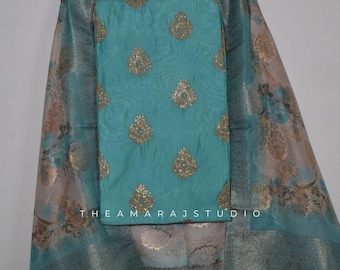 Chanderi Silk Pakistani Salwar Suit Set with Gold Embroidery & Floral Woven Dupatta
