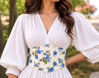 Women's Floral Corset Waist Belt – Blue Rose Print Lace-Up Wide Fabric Waist Cincher for Dresses, Blouses & Cottagecore Outfits