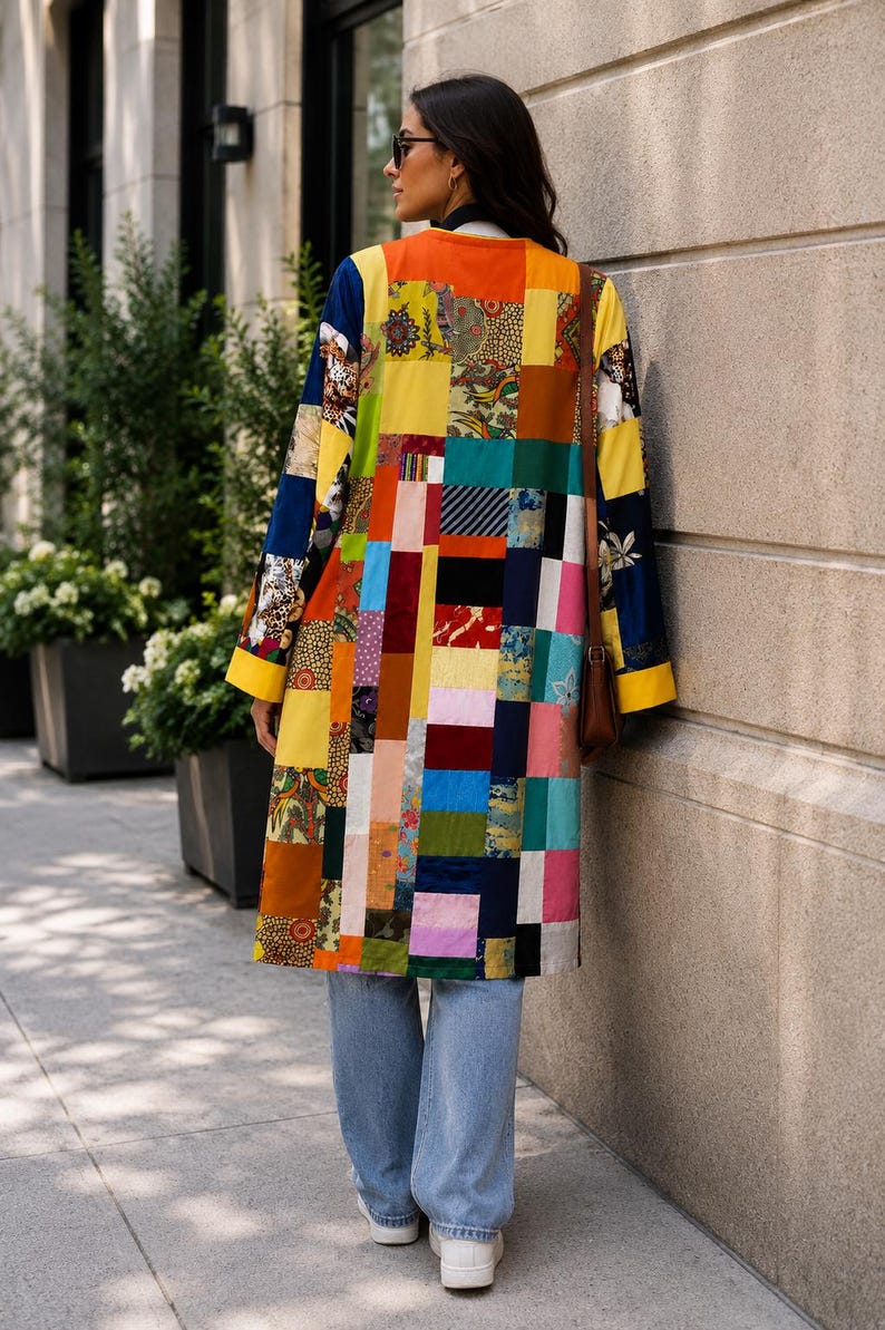 May include: A long-sleeved coat featuring a vibrant patchwork design composed of various rectangular fabric swatches in colors including orange, yellow, blue, pink, and green, paired with light blue denim jeans and a brown shoulder bag.
