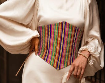 Corset Belt for Women I  Adjustable Lace-Up Wide Waist Cincher, Woven Boho Obi Wrap Belt I Handmade Rainbow Stripe
