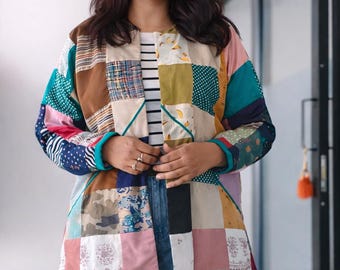 Handmade Patchwork Cotton Jacket | Boho Color Block Layering Coat