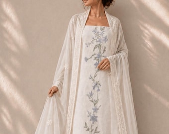 Unstitched Cotton Salwar Suit Set with Heavy Floral Embroidery & Cotton Dupatta