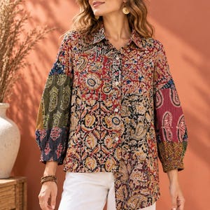 Multicolor Patchwork Cotton Shirt, Women’s Boho Printed Blouse, Long Sleeve Button Down Top