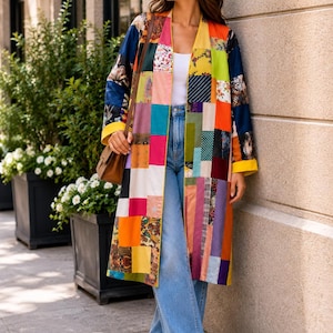 Handcrafted Patchwork Long Jacket | Artisan Mixed Fabric Open Front Coat