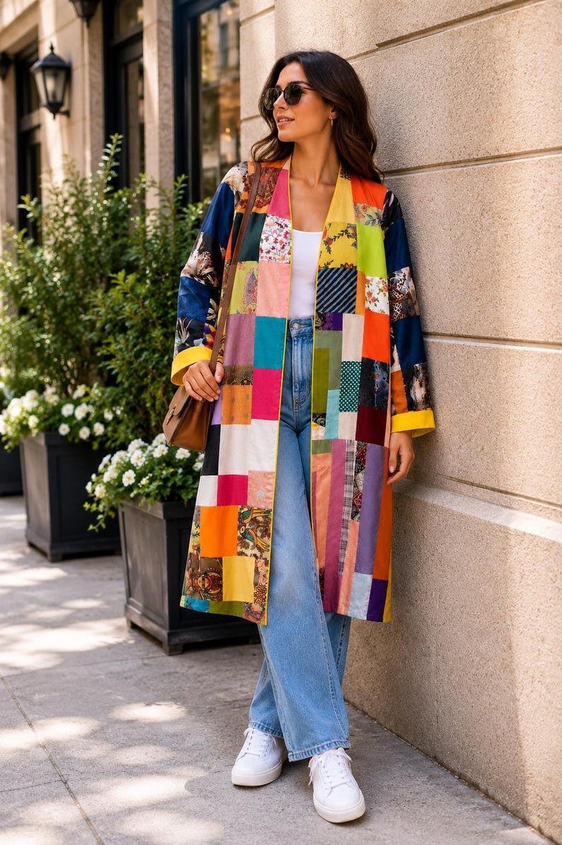 Handcrafted Patchwork Long Jacket | Artisan Mixed Fabric Open Front Coat image 1