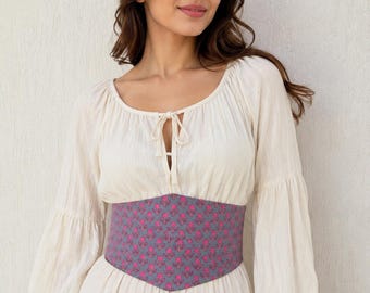 Boho Tribal Waist Cincher Belt – Pink Woven Lace-Up Corset Belt for Dresses, Kaftans or Vintage Outfits