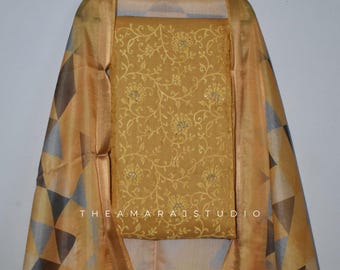 Tussar Silk Pakistani Salwar Suit Set with Intricate Floral Thread Embroidery | Geometric Print Dupatta