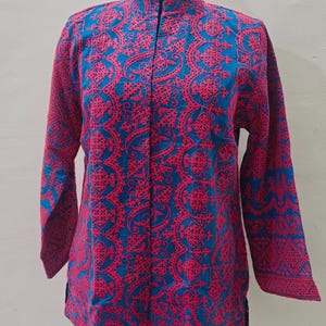 Embroidered Blue Jacket with Pink Floral and Bird Motifs – Bohemian Style Top