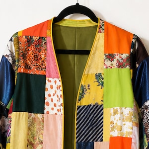 Handcrafted Patchwork Long Jacket | Artisan Mixed Fabric Open Front Coat image 4