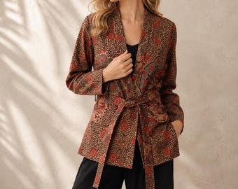 Handmade Madhubani Print Silk Wrap Jacket: Krishna Embellished