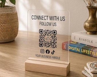Customizable QR Code Acrylic Sign, Business Logo Display, Social Media and Checkout Sign, Google Review Code, Scene Me Sign