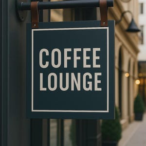 Peut inclure: Un panneau bleu fonc&eacute; avec les mots "COFFEE LOUNGE" en lettres blanches. Le panneau est rectangulaire avec un bord blanc et est suspendu par des lani&egrave;res de cuir marron &agrave; une barre m&eacute;tallique noire.