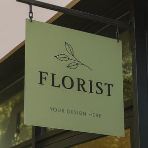 Peut inclure: Panneau rectangulaire vert clair pour une boutique de fleuriste, suspendu par des cha&icirc;nes &agrave; un cadre en m&eacute;tal noir. Le panneau affiche le mot "FLORISTE" en gras, avec une branche florale et "VOTRE DESIGN ICI" en dessous.
