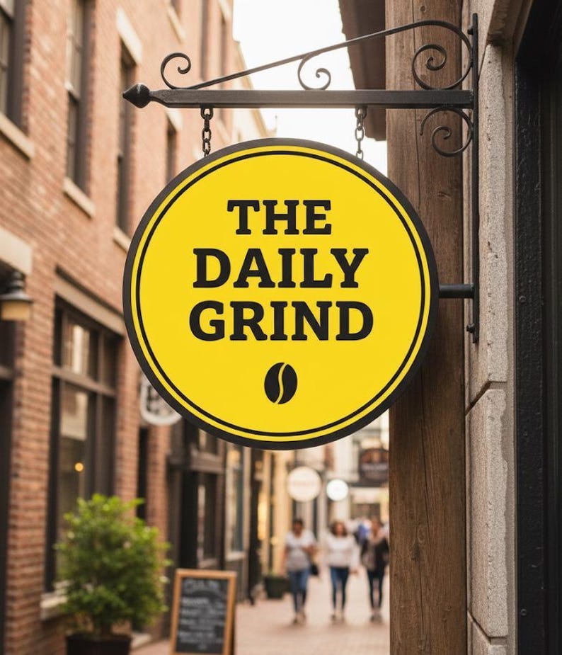 Peut inclure: Un panneau circulaire jaune avec les mots "THE DAILY GRIND" en noir et un motif de grain de caf&eacute;. Le panneau est suspendu &agrave; un support en m&eacute;tal noir avec des volutes d&eacute;coratives. L'arri&egrave;re-plan montre un b&acirc;timent en briques et une all&eacute;e pi&eacute;tonne.